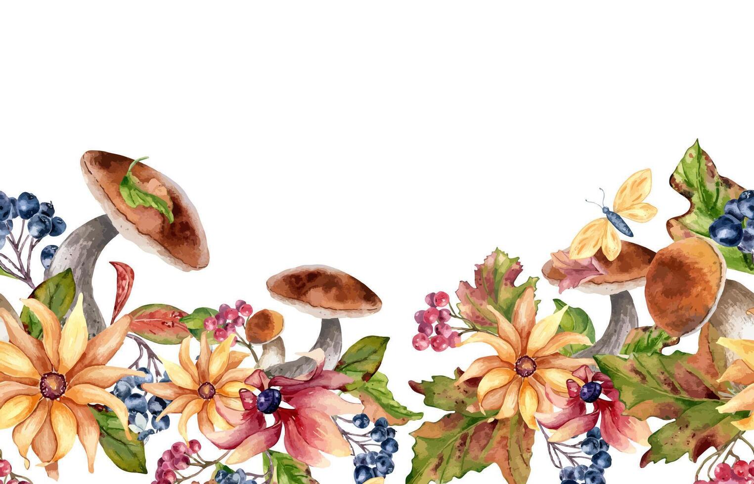 Watercolor colorful autumn seamless border with forest bolete, berries, flowers, and butterfly isolated. Floral repeated texture of fall leaves and chokeberry rowan hand painted for seasonal design vector