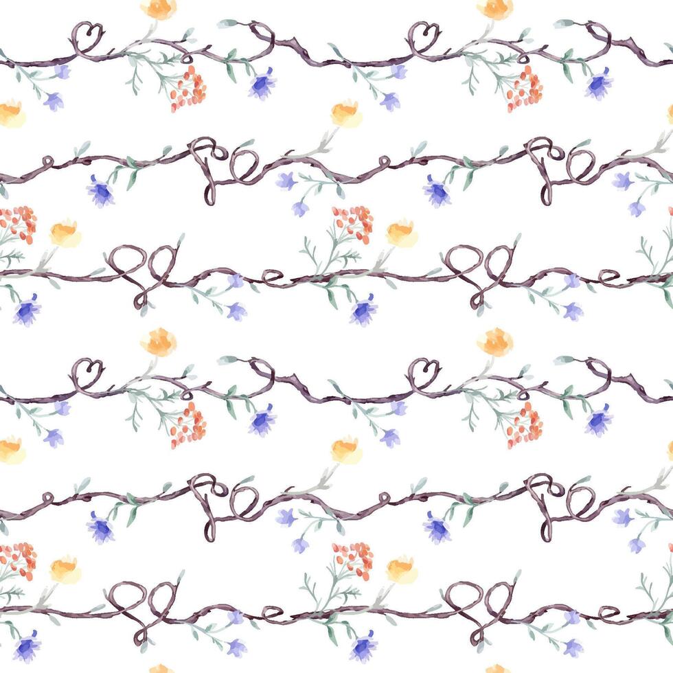 Tree branches with simple flowers watercolor seamless pattern isolated. Nature design on repeated background with delicate blue red floral and twigs hand drawn for textile, wrapping paper, wallpaper vector
