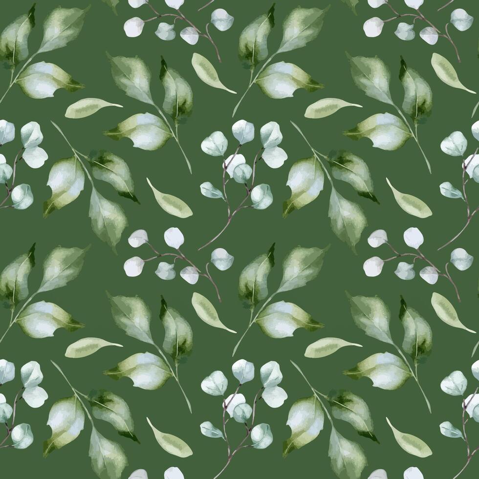 Pale green watercolor seamless pattern of holly leaves isolated. Foliage texture repeated of twigs and branches hand drawn in soft green. Greenery background for design textile, wallpaper, package. vector