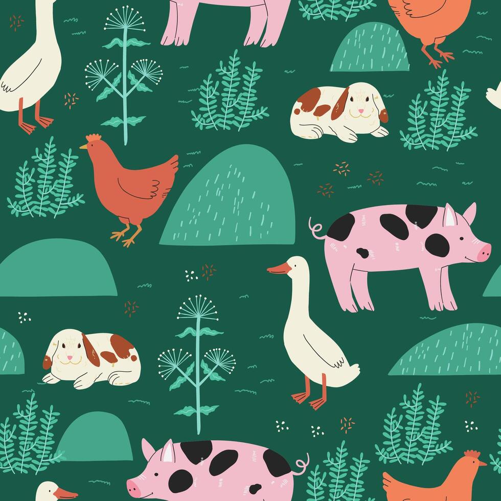 Seamless farm pattern with animals and plants. Cute cows, chickens, and greenery on a dark green background. Perfect for children's products, wrapping paper, and country-themed projects vector