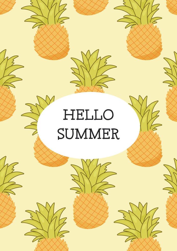 Seamless tropical pineapple pattern with summer greeting in center vector