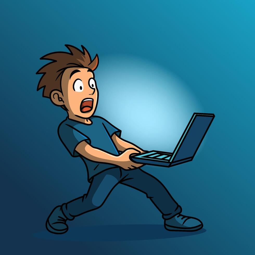 Shocked man watching breaking news on his laptop, surprised face vector