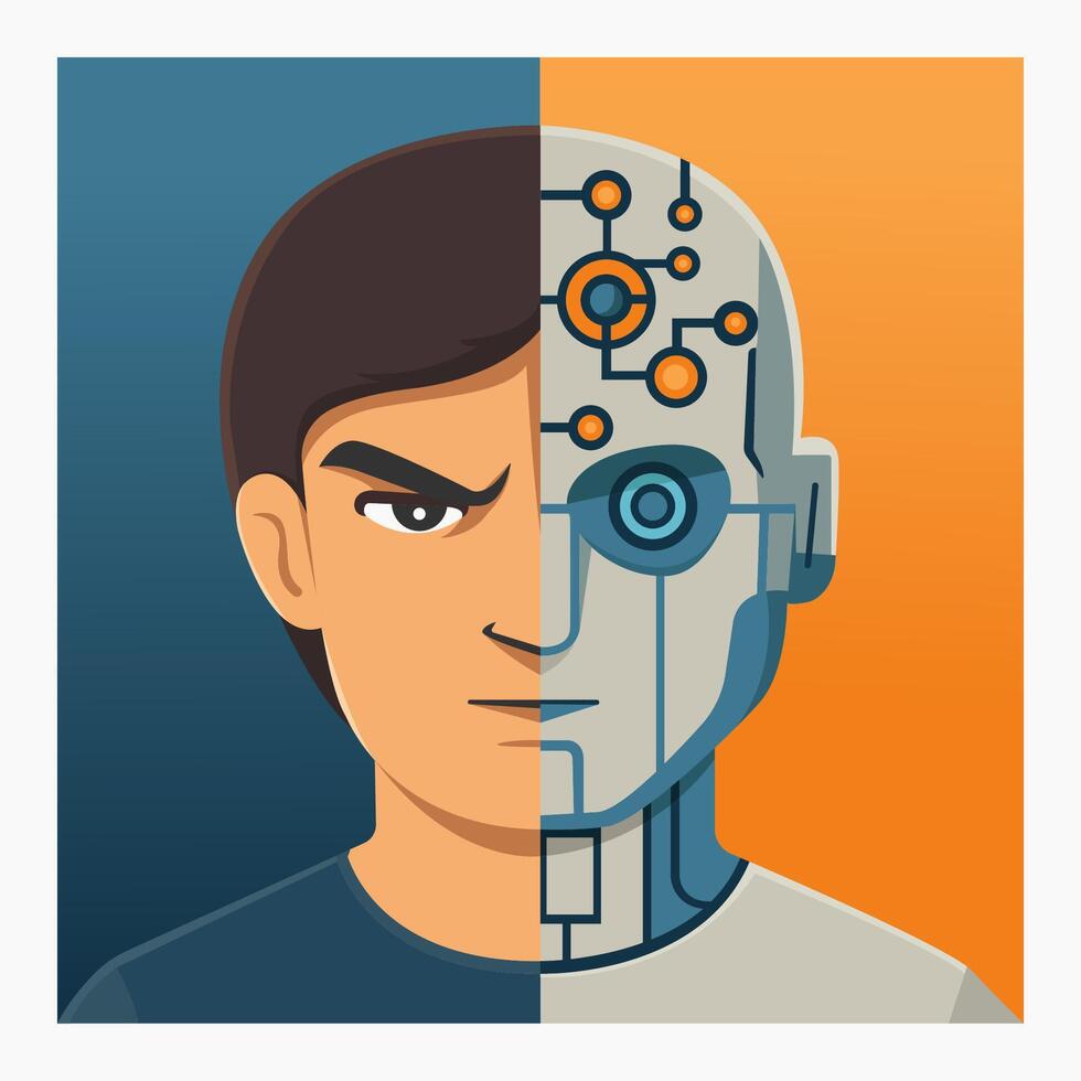 Artificial intelligence illustrations. Man and robot, digital technology concept for banner vector