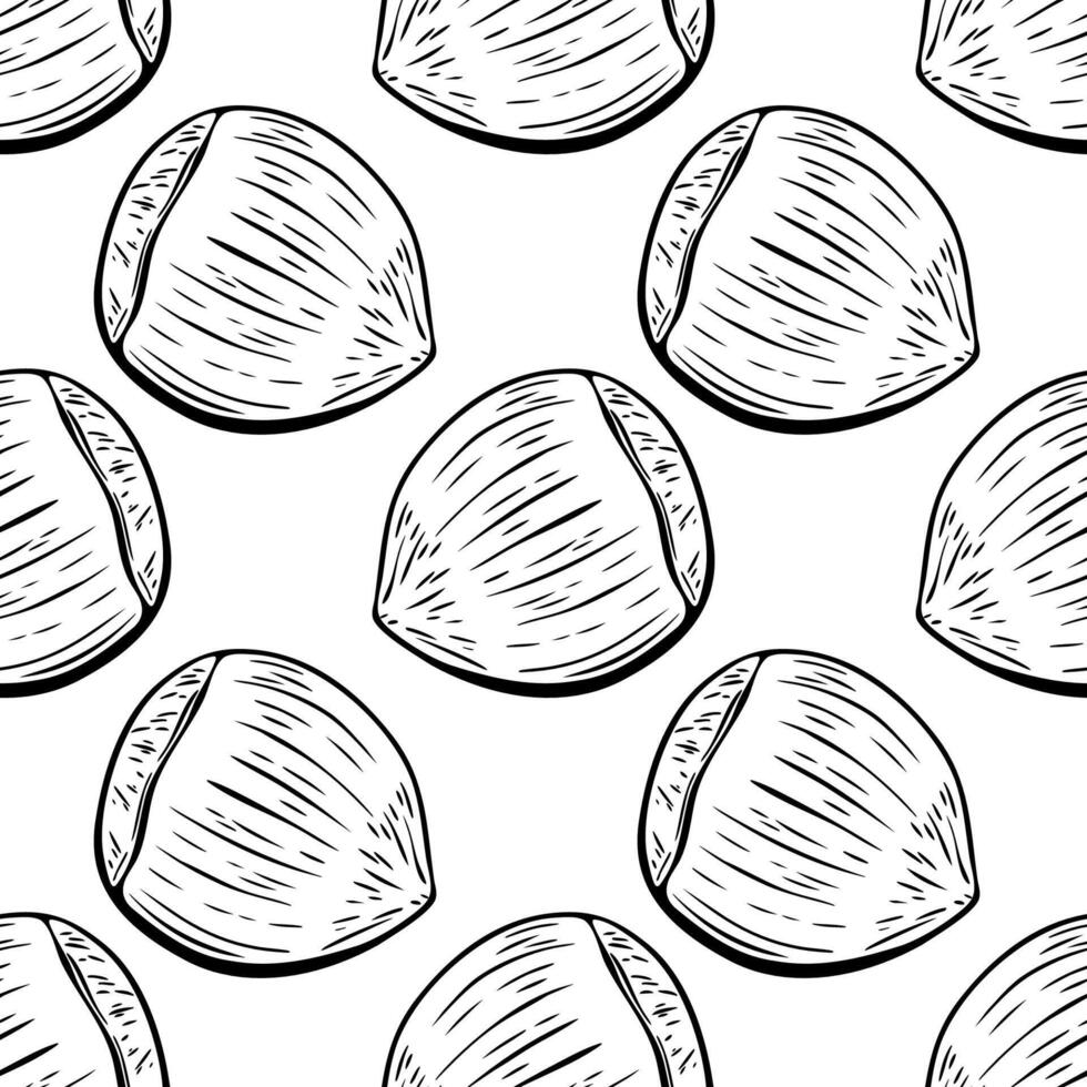 Seamless black and white hazelnut pattern in line drawing vector