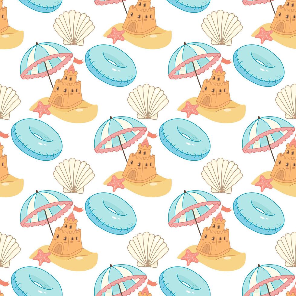 Seamless pattern with sandcastles, seashells, and blue swimming rings for summer vector