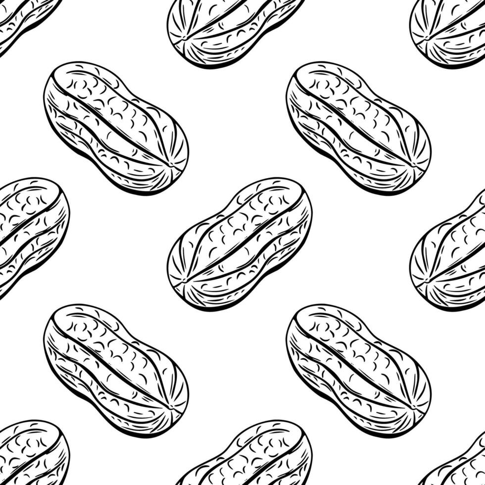 Seamless black and white peanut pattern in outline hand-drawn style vector