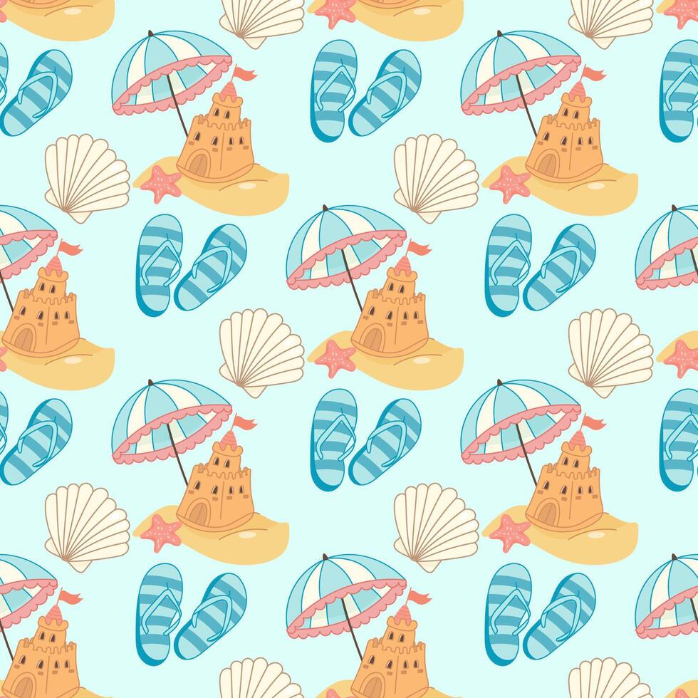 Seamless summer pattern with sandcastles, seashells, starfish and flip flops vector