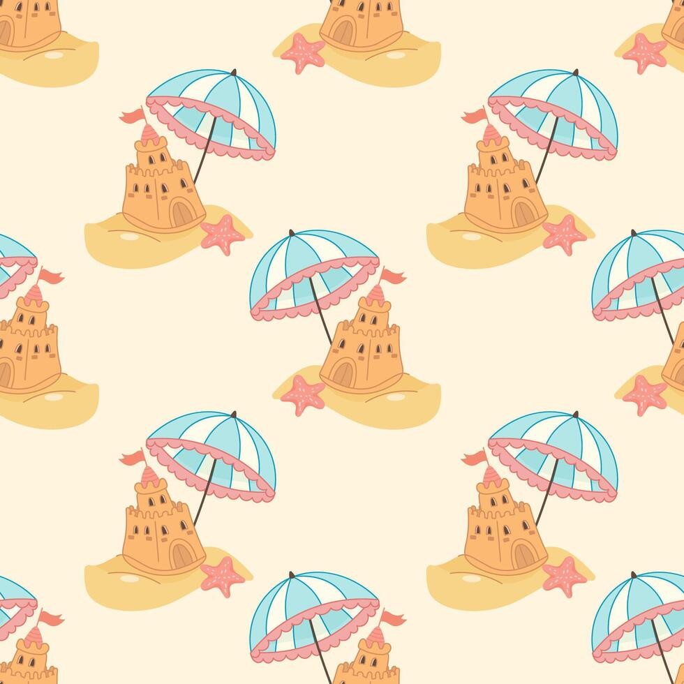 Seamless pattern of sandcastles, umbrellas, and starfishes on summer beach vector