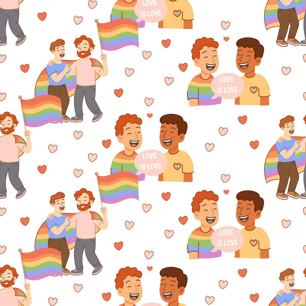 Seamless pride pattern with LGBTQ couples rainbow flags vector