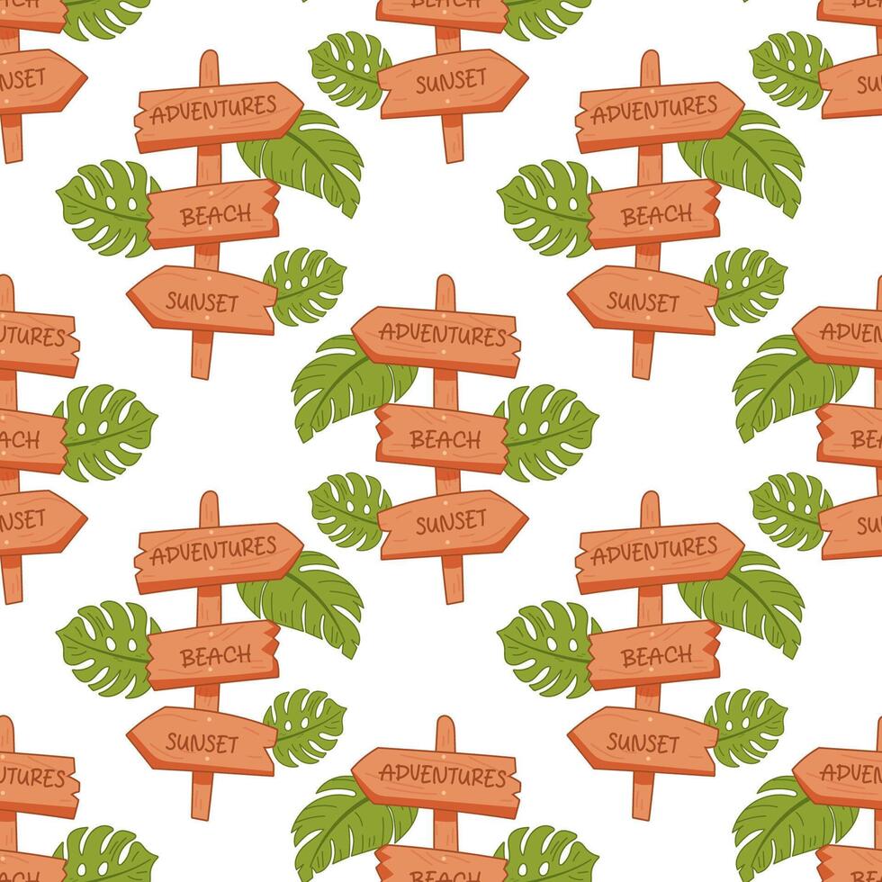 Seamless pattern with wooden direction signs for beach, sunset and adventure vector