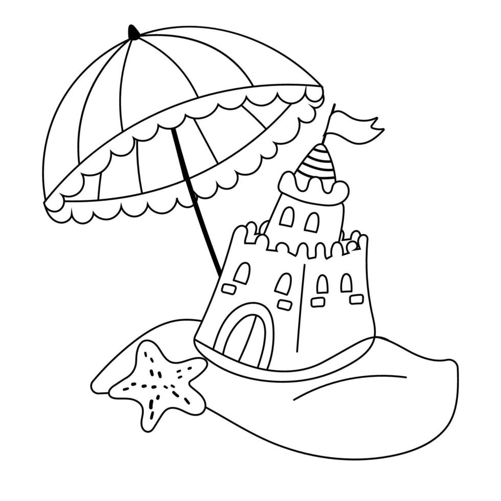 Beach umbrella and sandcastle line art vector