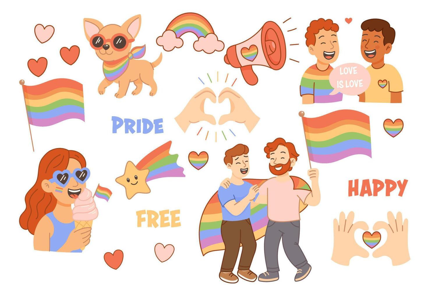Pride sticker pack with rainbow hearts flags people icons vector