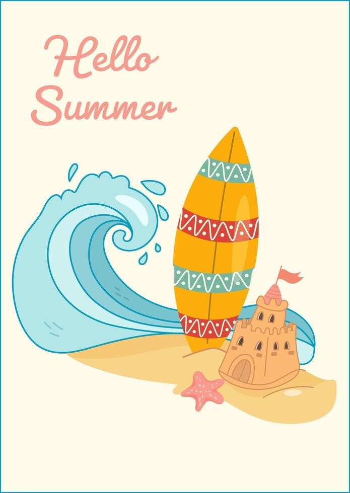 Hello Summer beach scene with surfboard and sandcastle vector