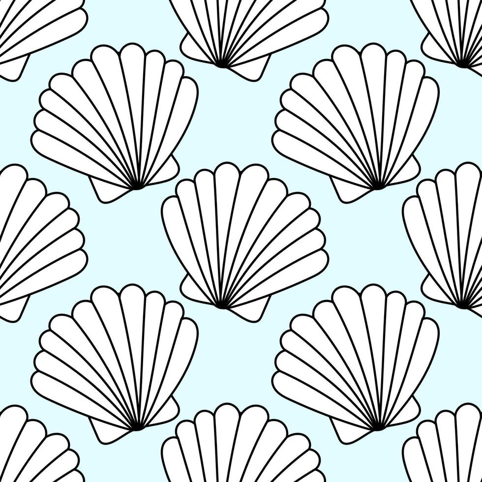 Black and white seamless pattern of seashells for summer beach coloring pages vector
