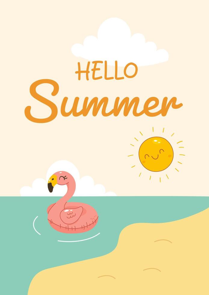 Hello Summer postcard with flamingo and sun vector