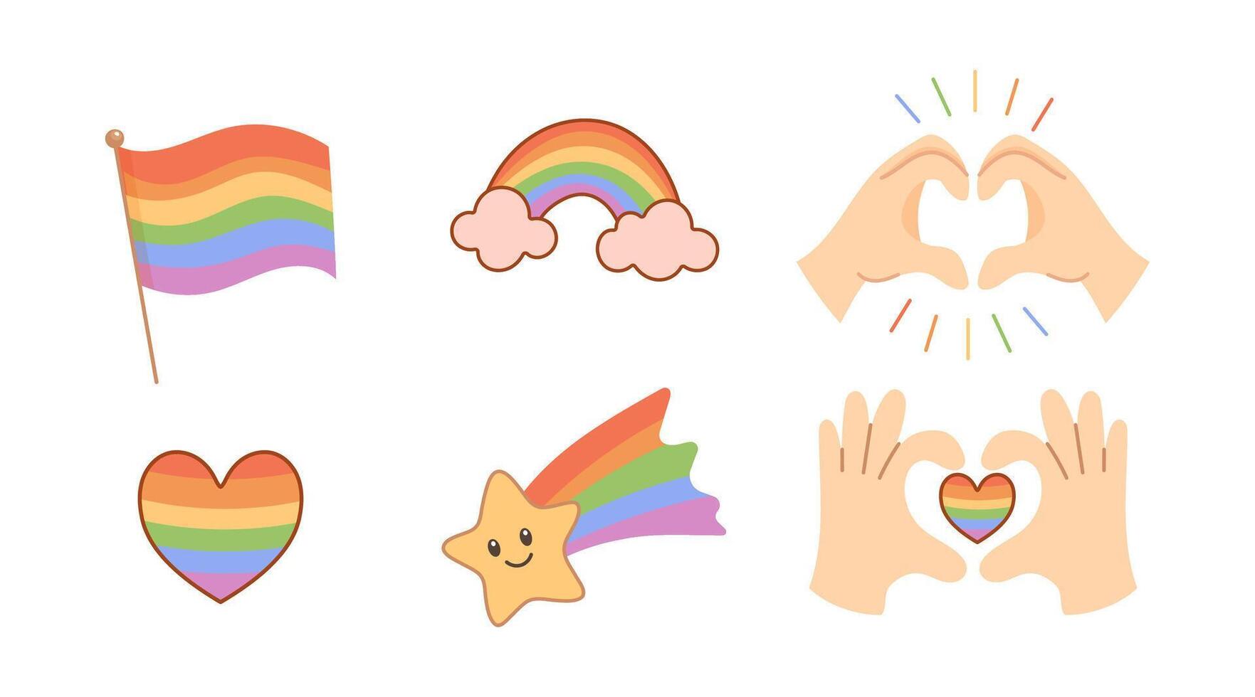 Cute LGBT pride icons with rainbow heart hands flag and smiling star vector