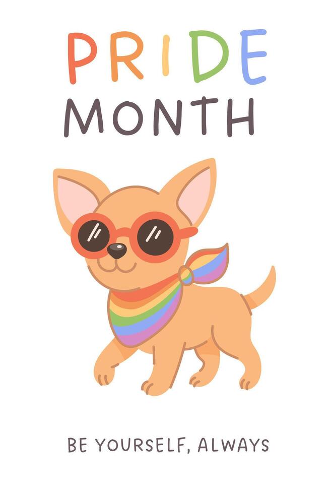 Cute LGBT greeting card with dog wearing rainbow scarf for pride month vector