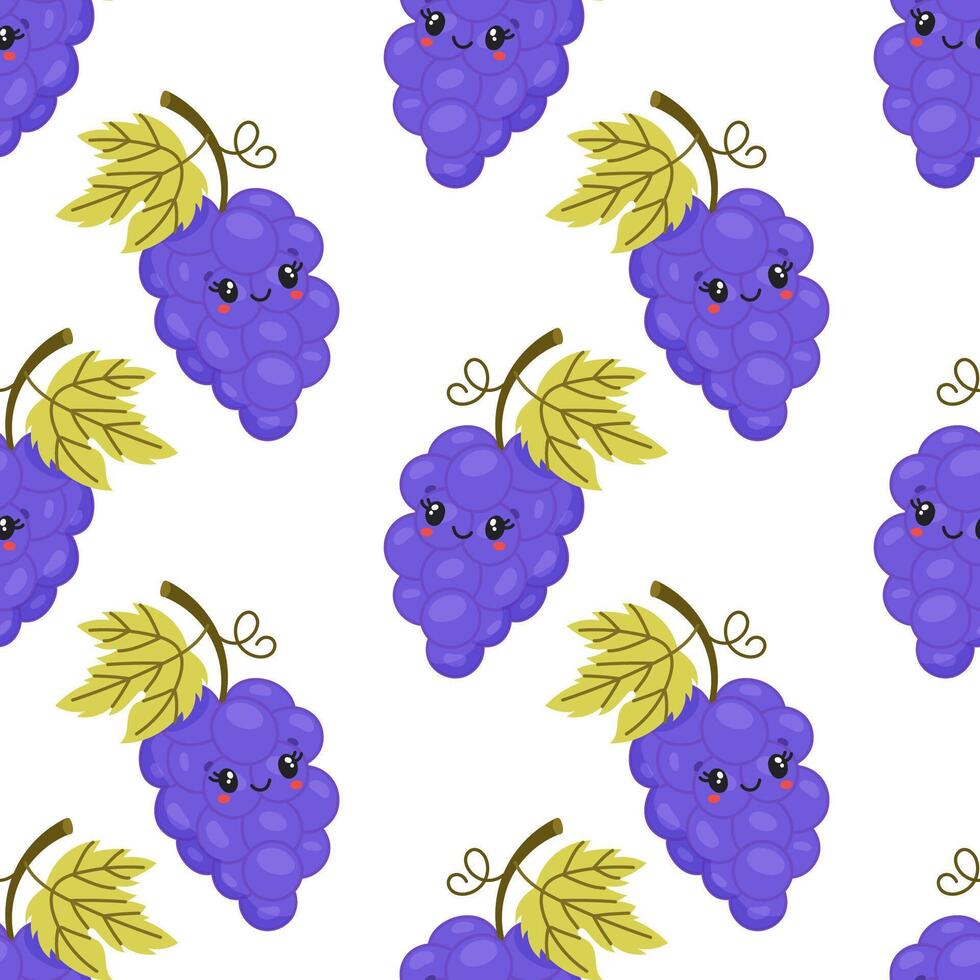 Seamless kawaii grape pattern with cute smiling faces vector