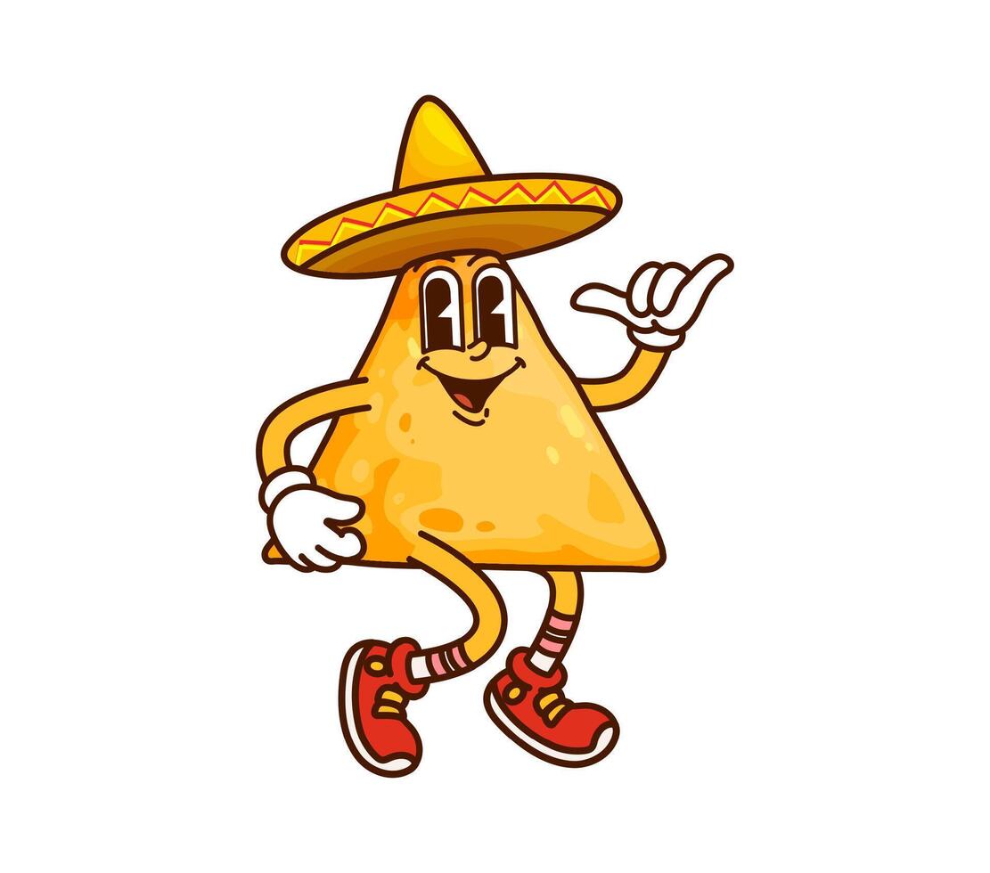Cartoon groovy Mexican nachos making shaka gesture vector