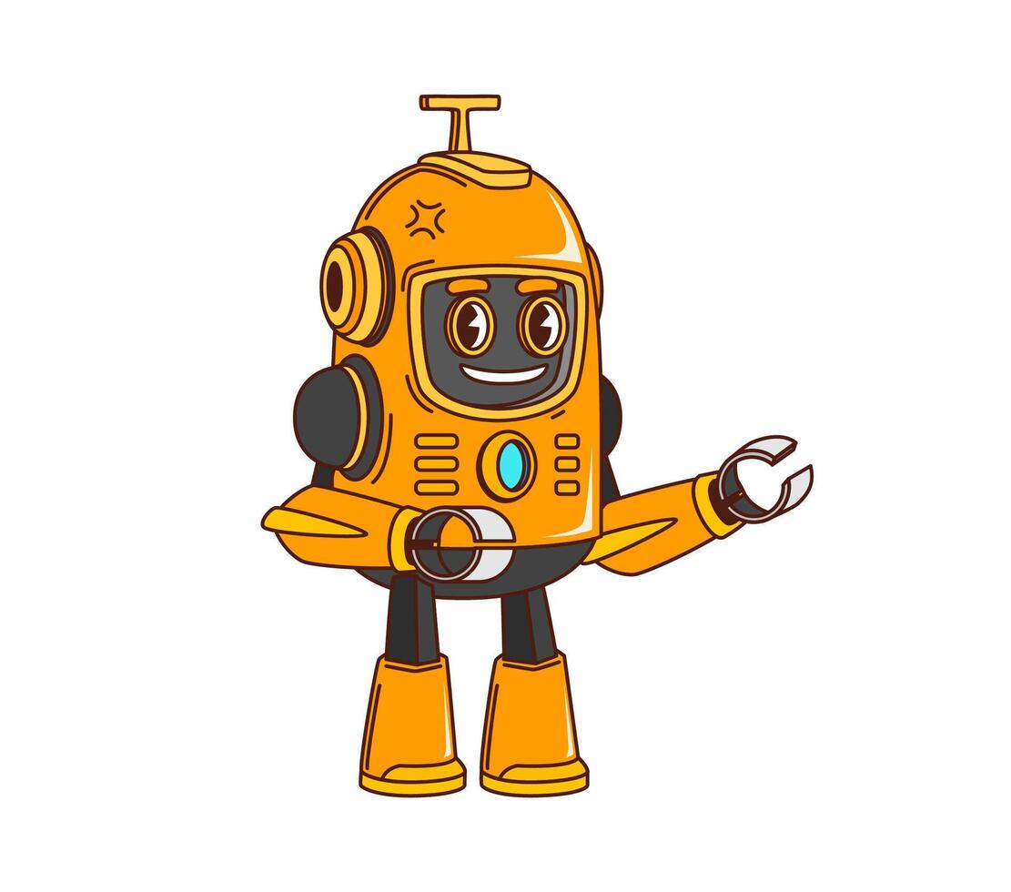 Cartoon funny groovy robot, retro droid character vector
