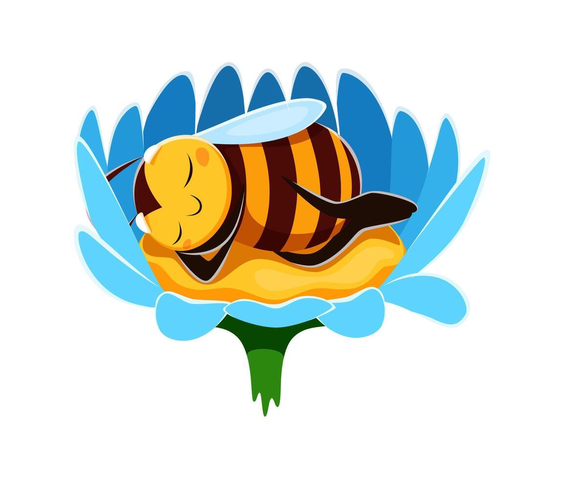 Honey bee character sleeping on garden flower vector