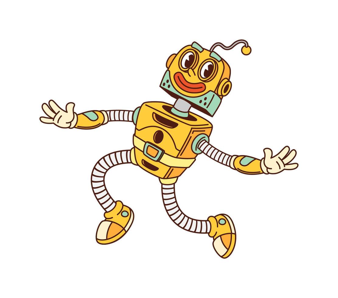 Cartoon groovy robot and droid happily jumping vector