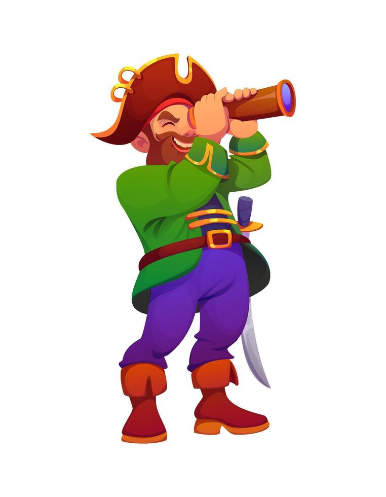 Cartoon pirate corsair character with spyglass vector