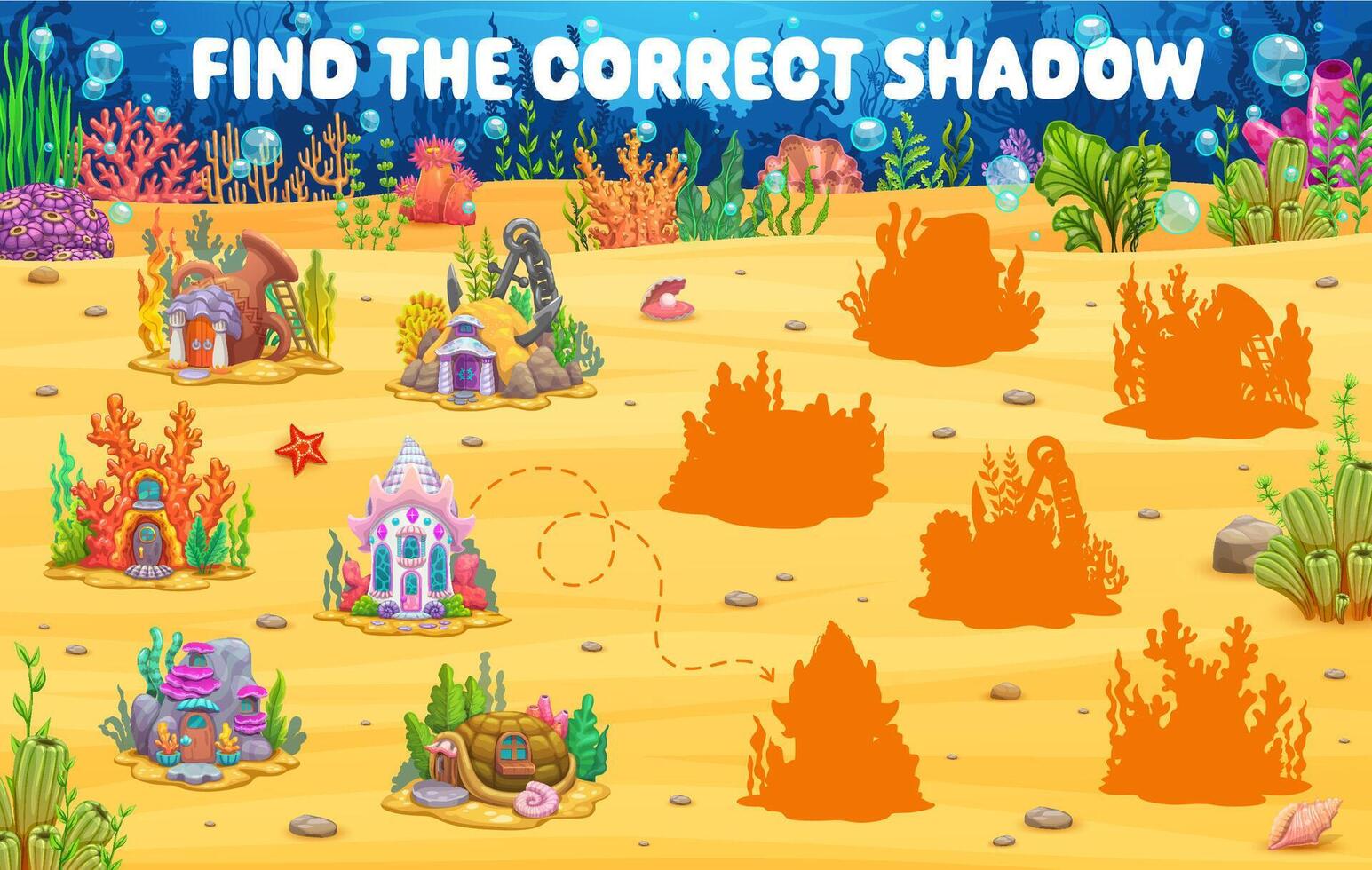 Kids underwater game worksheet find correct shadow vector