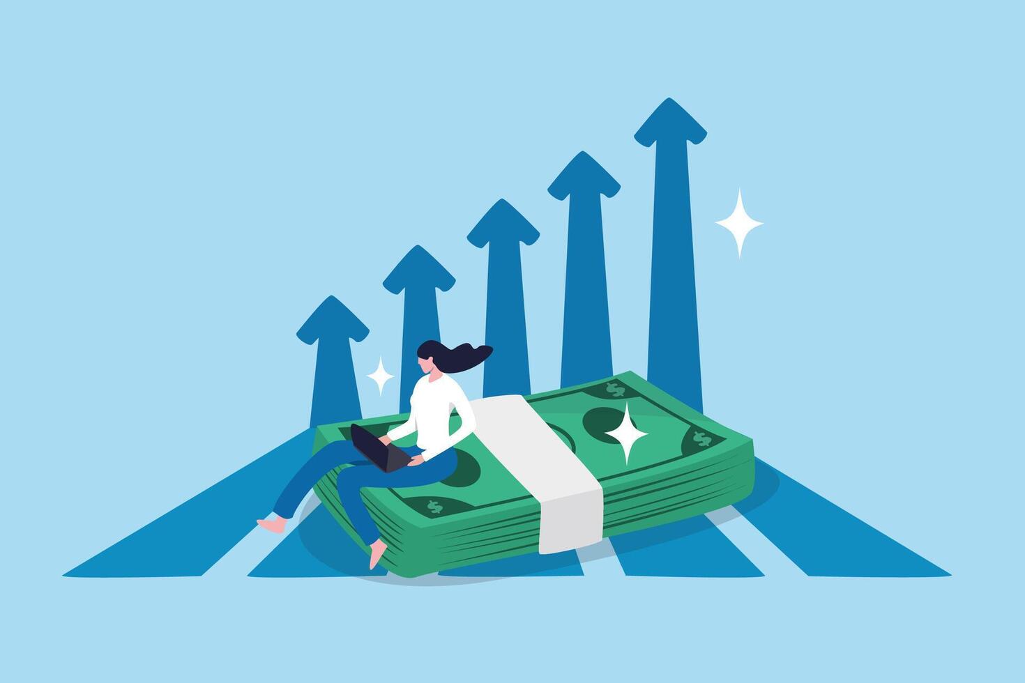 Increase income or salary raise, growing investment, wealth or saving profit, revenue rising, improvement or accumulate wealth concept, woman working with computer on banknote money growing graph. vector