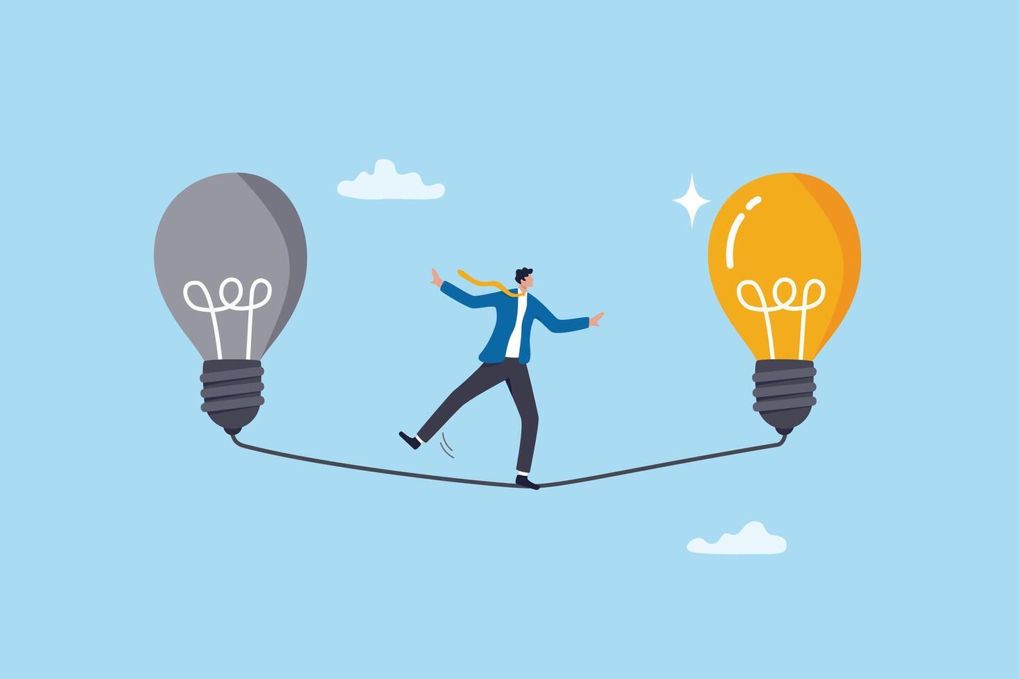 Change or leadership transition, progress to new idea, business direction or discover opportunity, solution to solve problem, challenge concept, businessman walk from old to bright lightbulb idea. vector