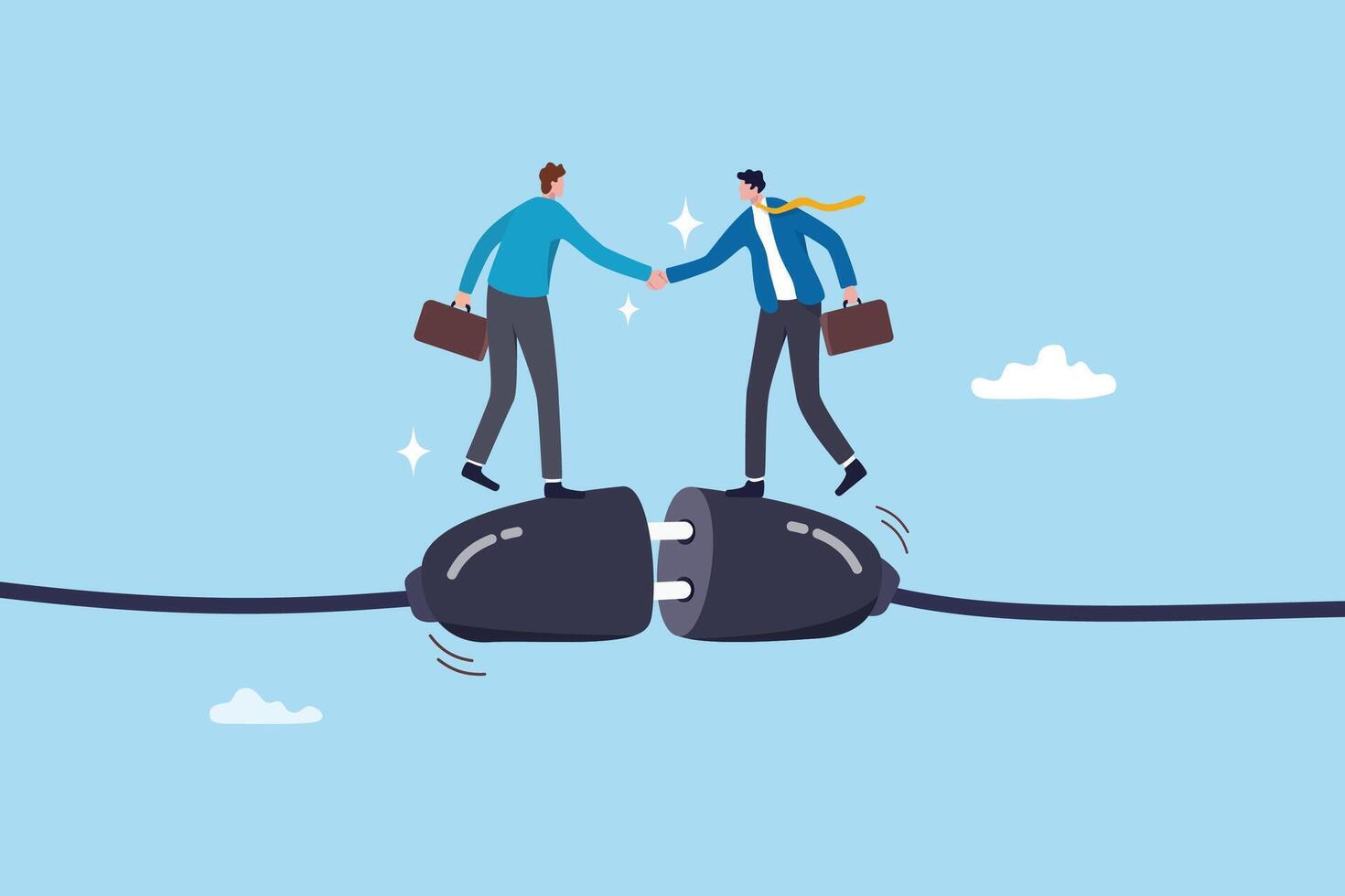 Business connection, teamwork collaboration, join force or agreement for success, partnership communication or customer support concept, businessman partner handshake on connecting electric plug. vector