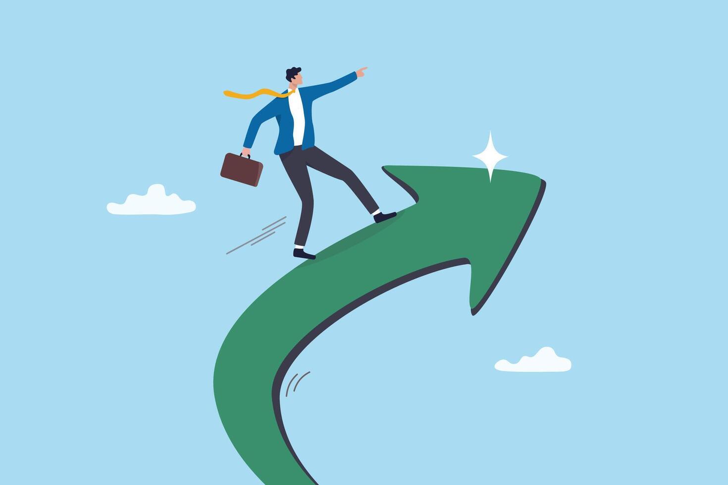 Increase business success, financial achievement, challenge or work performance, upward or rising expertise employee concept, confidence businessman ride upward rising success arrow upward direction. vector