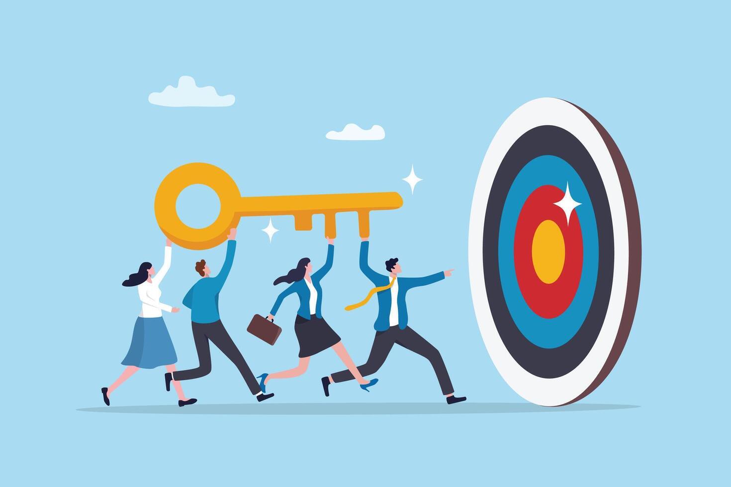 Key to success, team working together as teamwork to achieve goal or target, unlock career opportunity, solution or winning business planning concept, business people carry golden key to success. vector