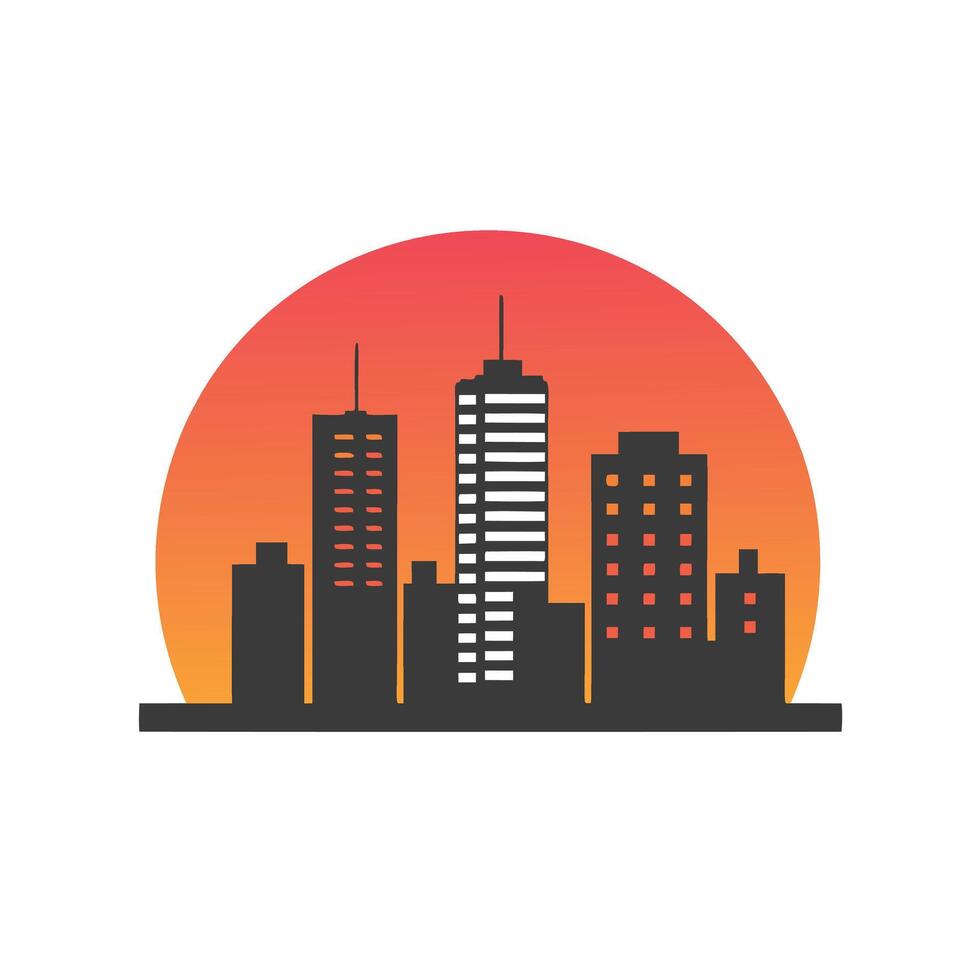 Dark Cityscape Silhouette with Vibrant Sunset Background vector
