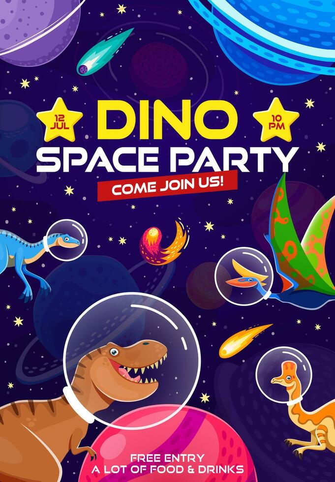 Kids party flyer with dino astronauts in space vector