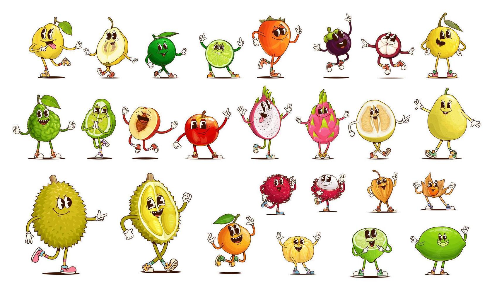 Groovy tropical fruit and berry characters vector