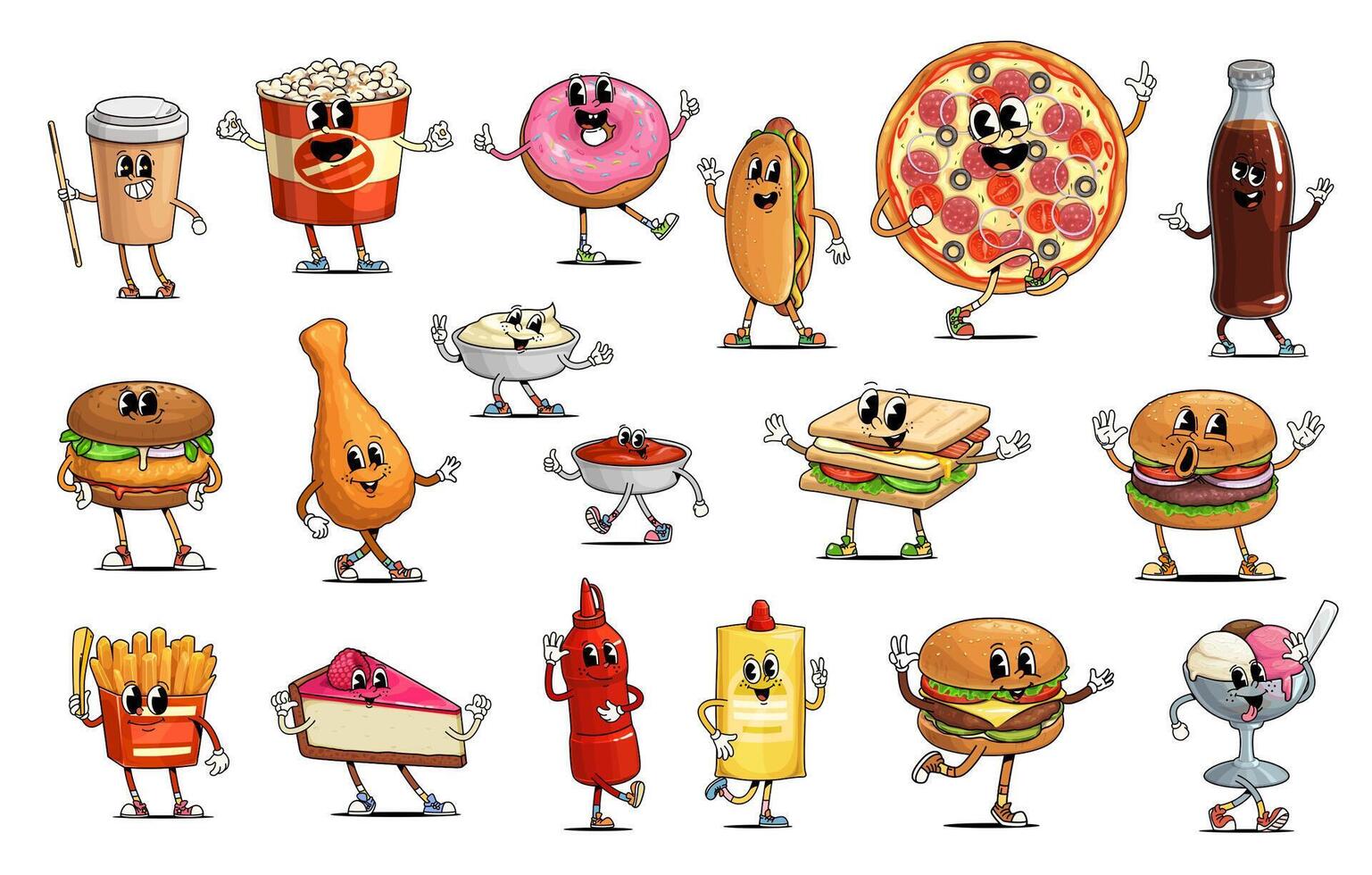 Retro groovy fast food, drinks, dessert characters vector