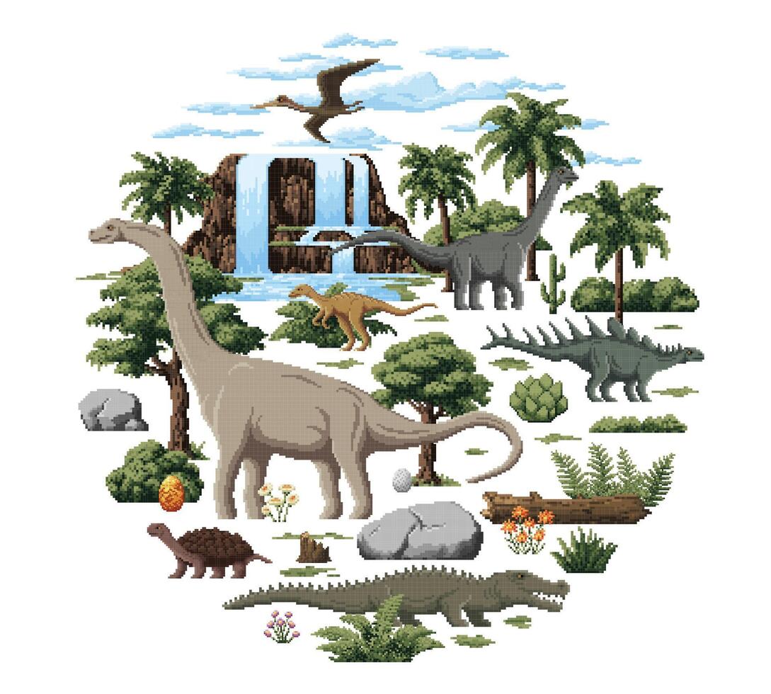 8bit pixel prehistoric Jurassic dinosaurs, lizards vector