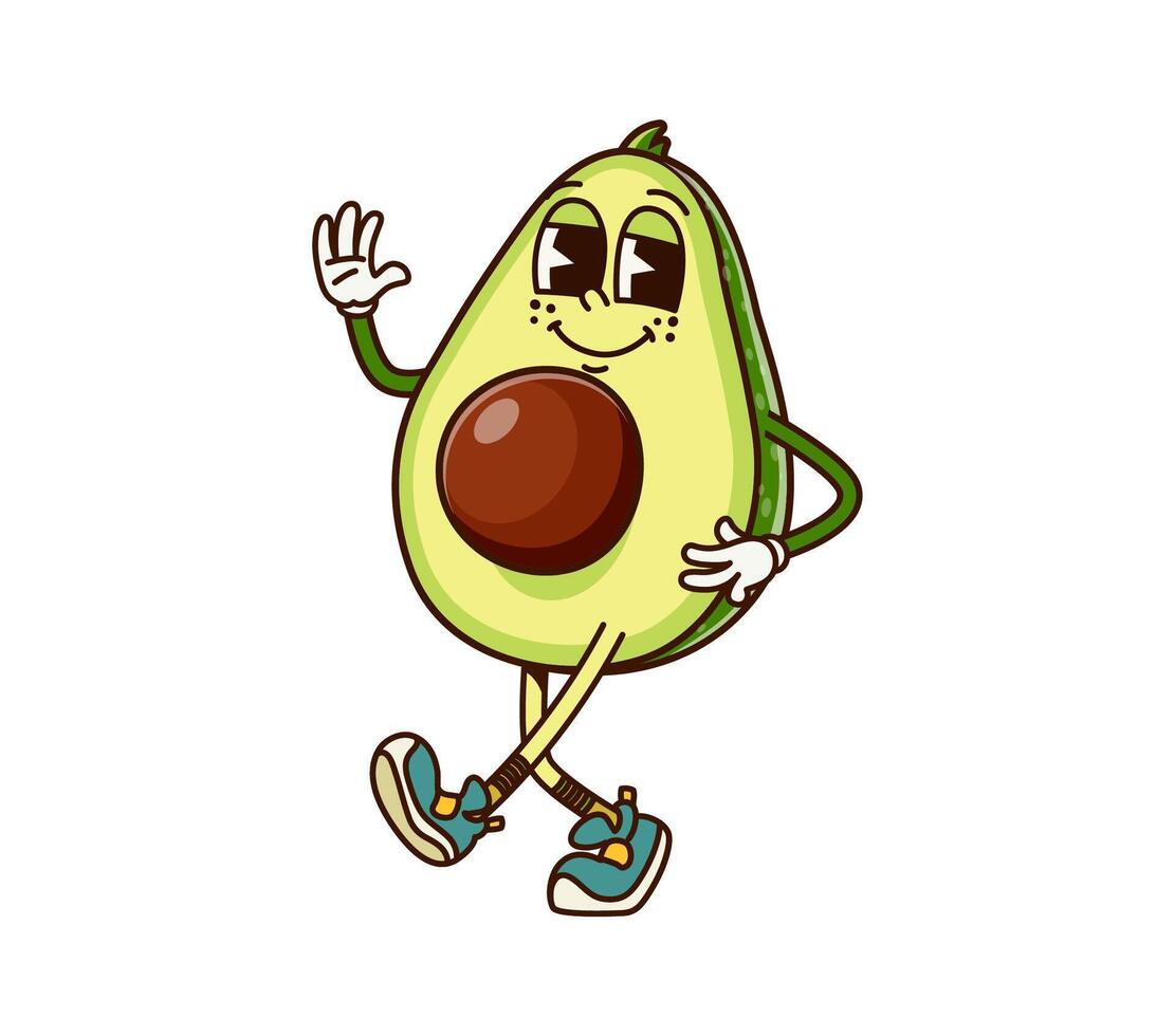 Walking avocado fruit half groovy funny character vector
