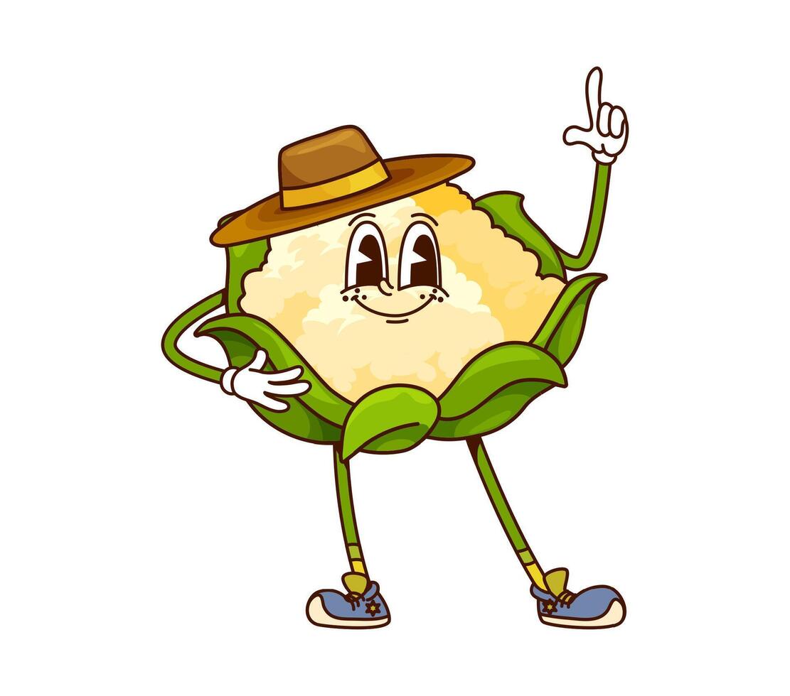Cartoon groovy cauliflower cabbage cowboy bandit vector