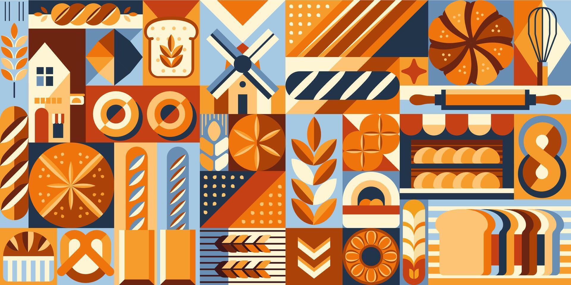Geometric bread and pastry mosaic retro pattern vector