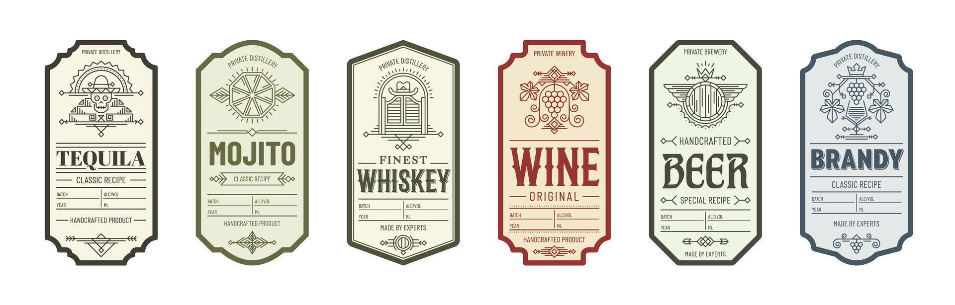 Alcohol label templates vintage emblems set vector