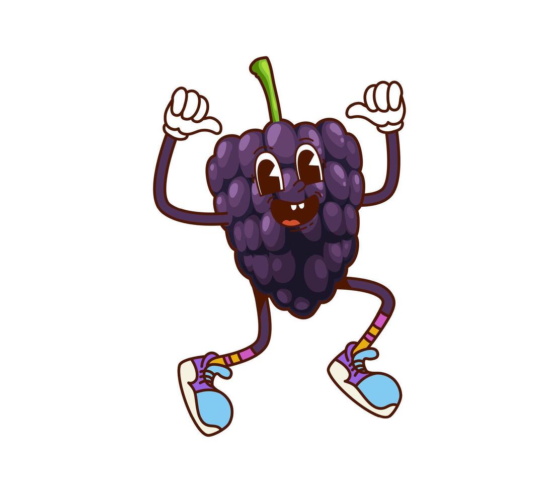 Cartoon retro groovy blackberry character jumping vector