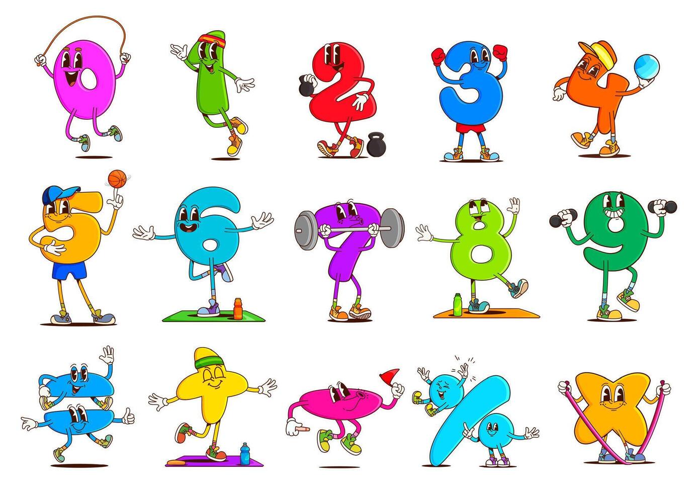 Math number groovy characters do sport exercises vector