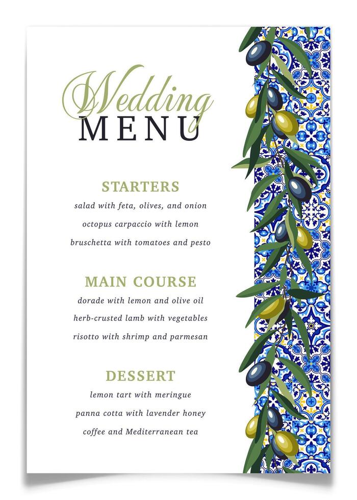 Wedding menu card template with blue tiles and olive branches. Mediterranean marriage celebration menu postcard. Table poster with Italian greenery, azulejo pattern. illustration. vector