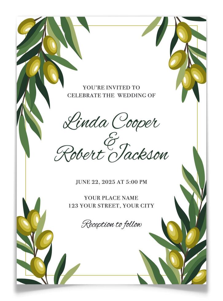 Wedding Invitation Card with Green Olive Branches. vector
