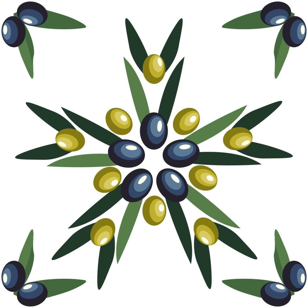 Vintage Mediterranean Ceramic Tile Design with Olive Trees and Leaves. illustration vector