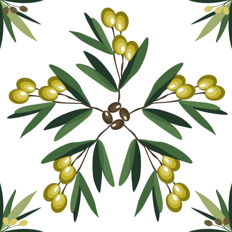 Rustic Italian Ceramic Tile Design with Olive Sprigs. illustration vector