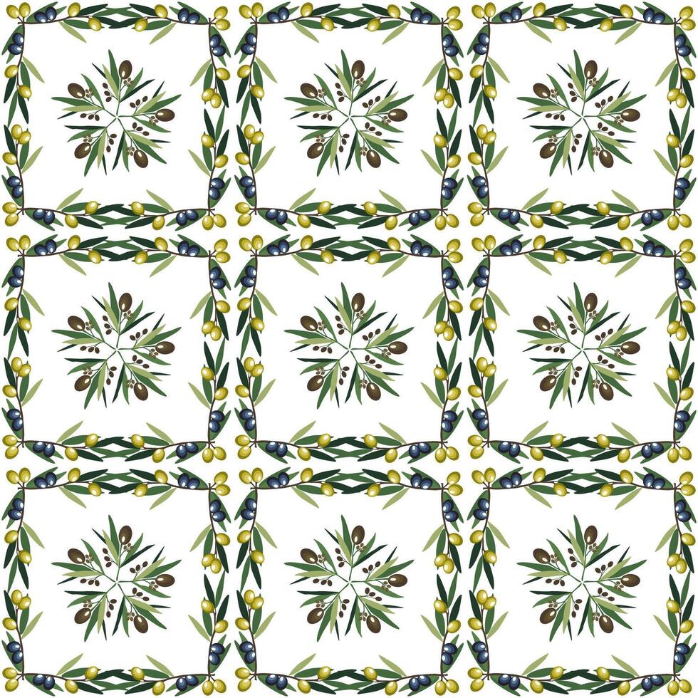 Seamless Mediterranean Pattern with Green and Black Olives and Leaves. vector