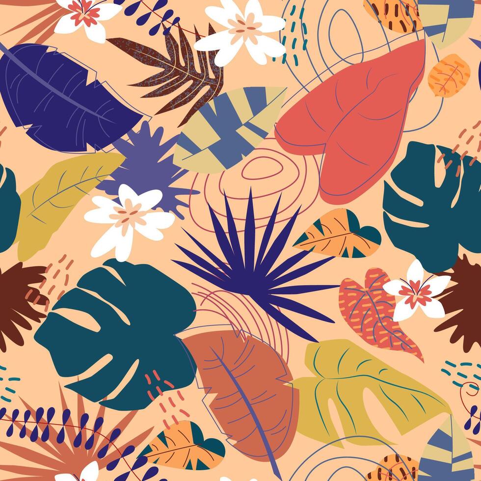 Seamless Pattern with Abstract Tropical Leaves. vector